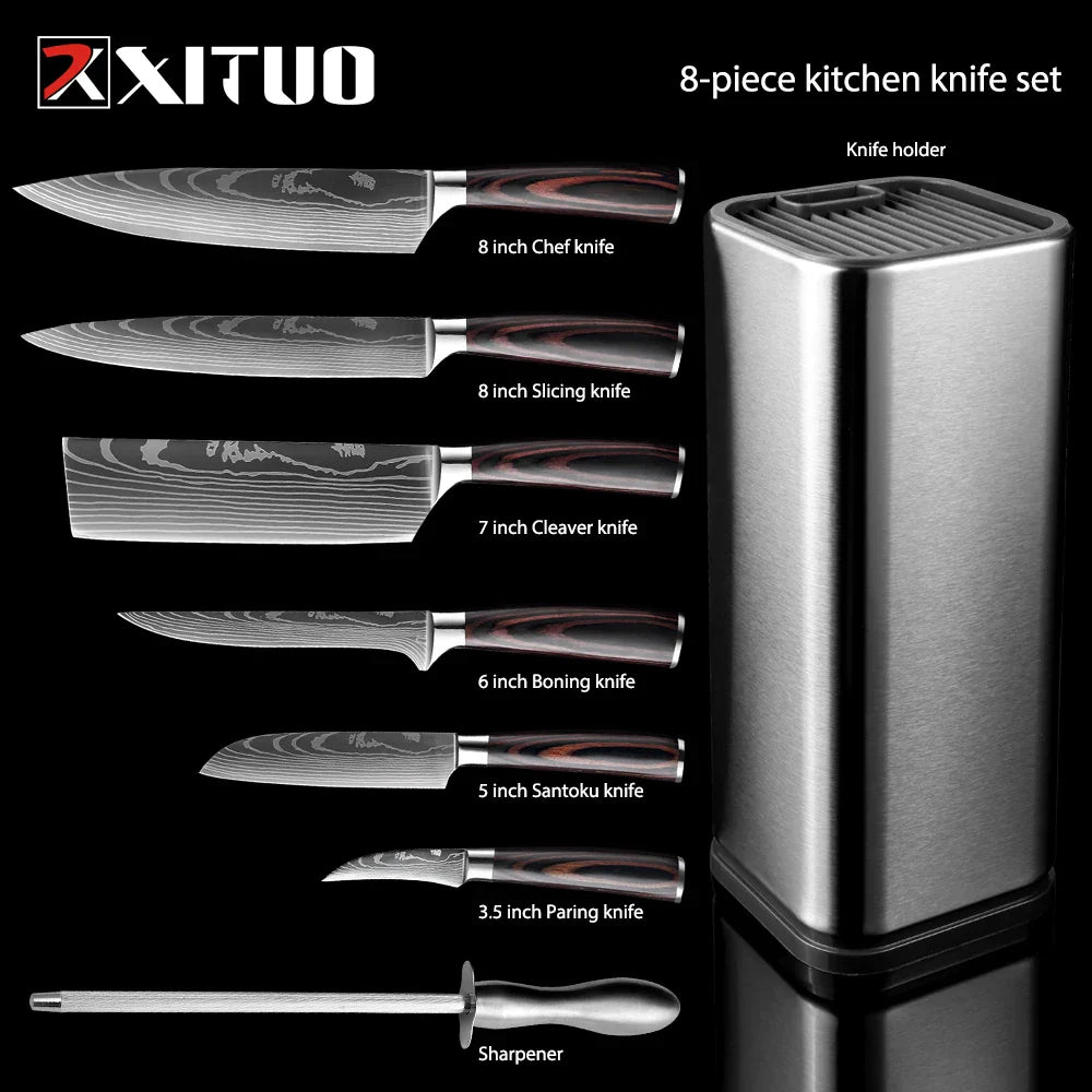 Kitchen Knife 8PCS Set With Knife Holder Sharpening Stick, Stainless Steel Chef Knife Slicing Knife Sharp Cut Vegetables Meat