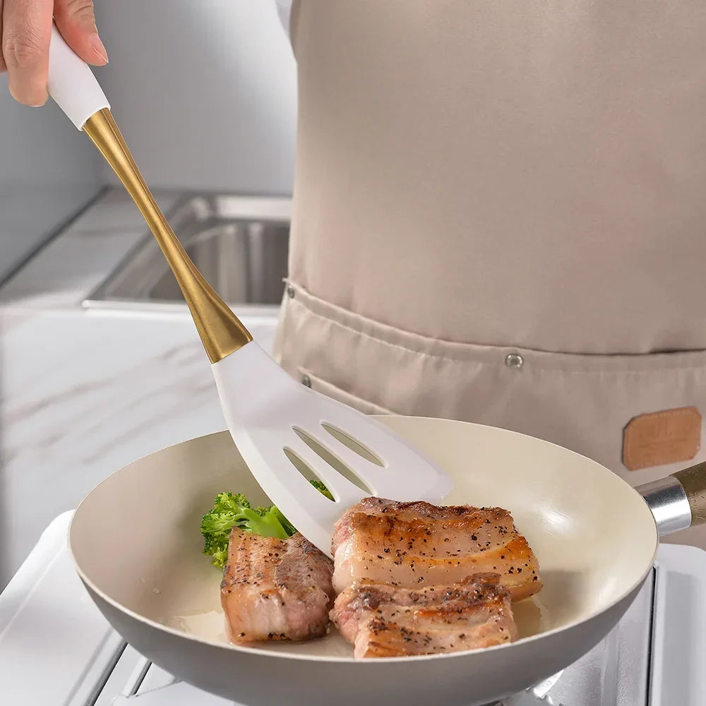 1Pc Silicone Kitchenware Cooking Utensils White Gold Kitchen Accessories Spatula Turner Heat-resistant Pasta Colander Shovel