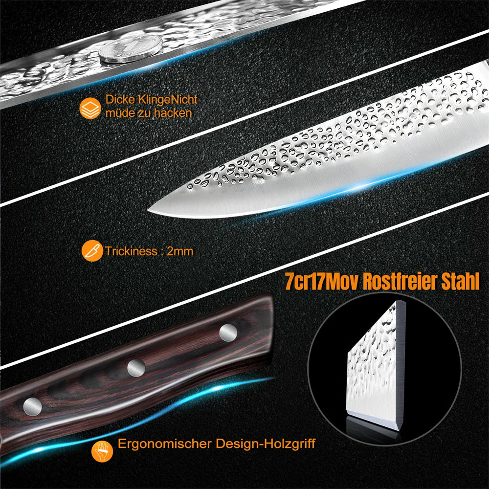 8pcs Chef Knife Kitchen Knives Set Hammer Pattern Sharp Cutting Blade Meat Salmon Slicing Knives Santoku Knives Cooking Tools