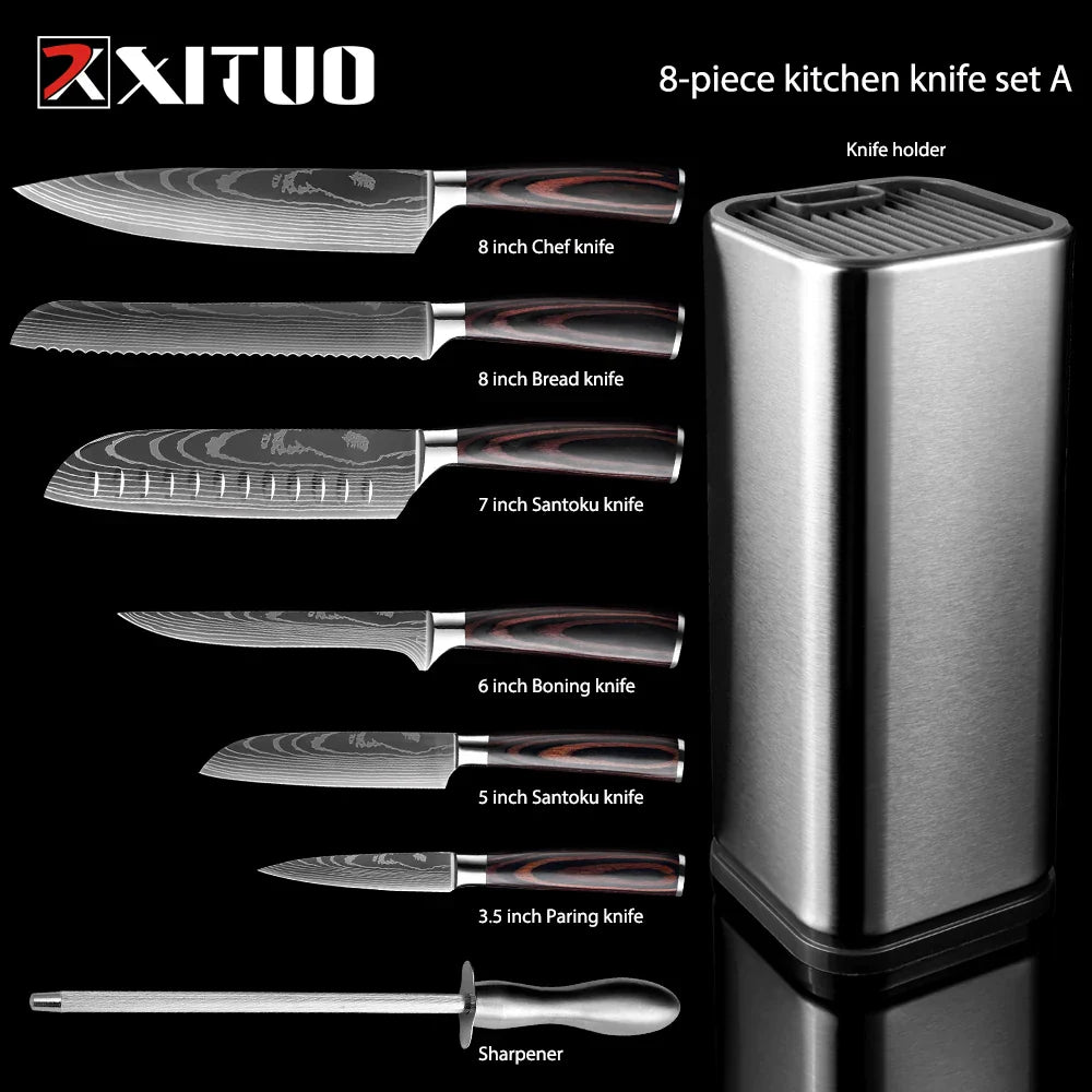 Kitchen Knife 8PCS Set With Knife Holder  Sharpening Stick, Stainless Steel Chef Knife Slicing Knife Sharp Cut Vegetables Meat