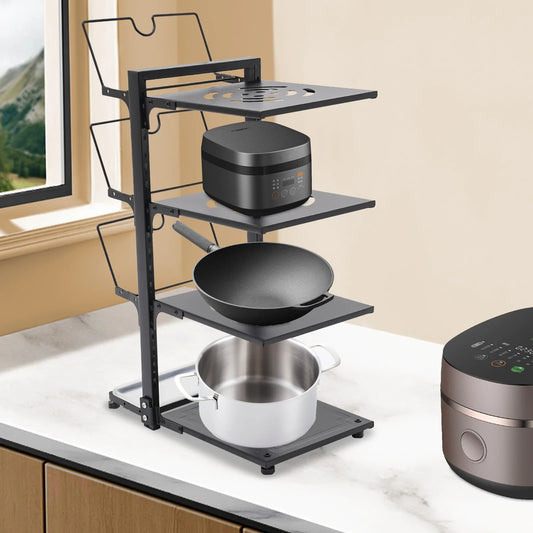 4-Tier Pot Organizer 22.05lbs per Tier Carbon Steel Pot Pan Lid Organizer 14.578.920.87in Kitchen Storage Grey/Black Adjustable