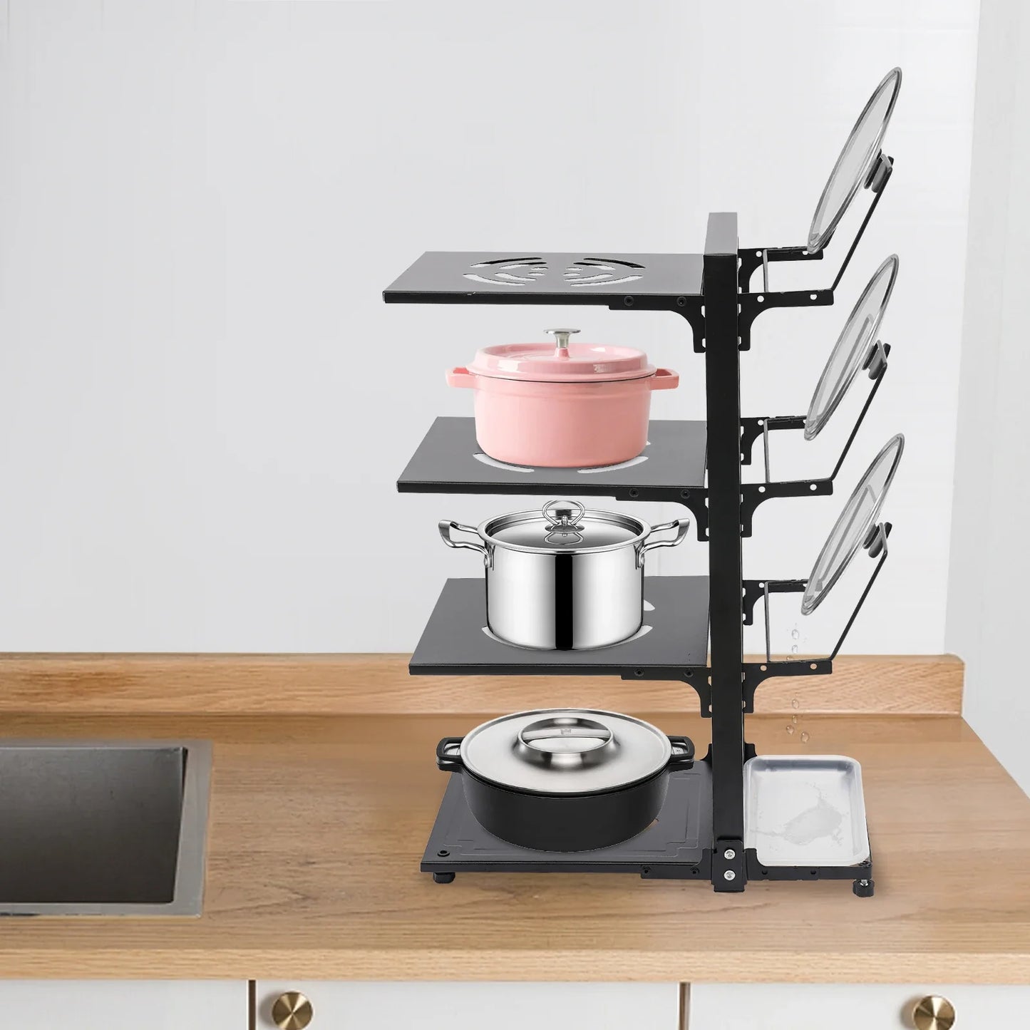 4-Tier Pot Organizer 22.05lbs per Tier Carbon Steel Pot Pan Lid Organizer 14.578.920.87in Kitchen Storage Grey/Black Adjustable