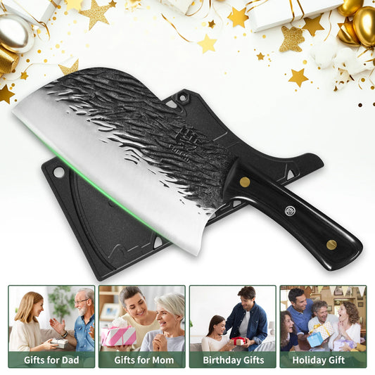 Full Tang Meat Cleaver with Forged High Carbon Steel Blade, Ergonomic Multi-color Handle Kitchen Knfie with Sheath for Cooking